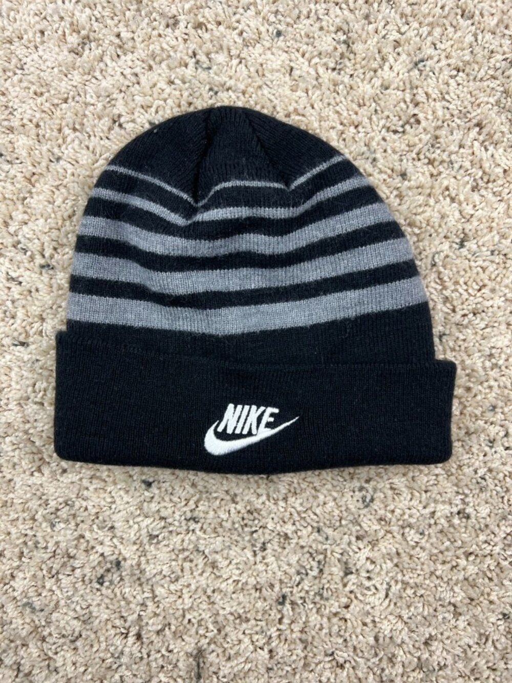 NIKE Youth Unisex Knit Striped Beanie Black Grey Hat With Logo